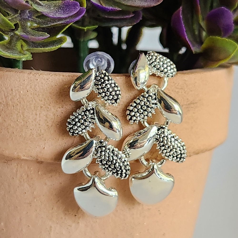 Silver Tone Textured Organic Leaf Acorn Articulated Drop Dangle‎ Earrings Post